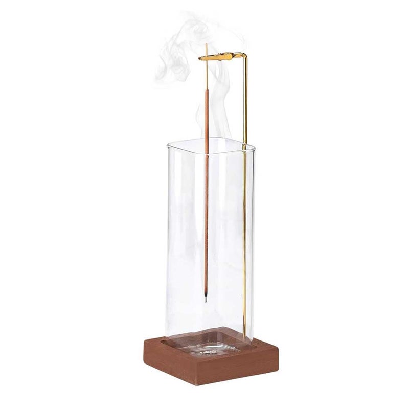 حامل بخور زجاجي مع ثبات معزز للاستخدام المنزلي والمكتبي بقاعدة خشبية متينة